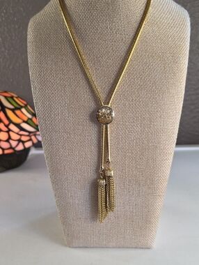 Gold Tassel Lariat Necklace with Scroll Work Accent - Women Jewelry